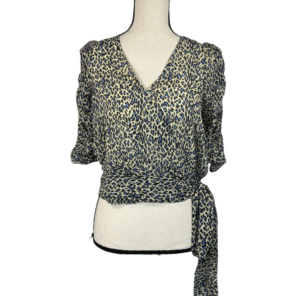 Buffalo David Bitton Small Tie Wrap Top Leopard Lined Surplice Puff Sleeve Multi